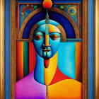 Symmetrical abstract painting of a dual-tone face in blue and gold frame