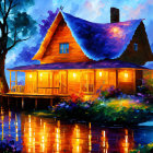 Colorful lakeside cabin painting at dusk with flowers and water reflections