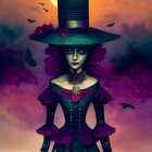 Green-skinned woman in purple dress and top hat under crescent moon with bats in twilight sky