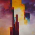 Colorful abstract cityscape with blue and orange tones, geometric shapes, and distant silhouettes.