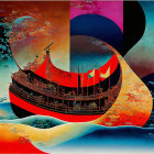 Surrealist image of traditional ship in colorful seascape