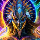 Colorful digital artwork of mystical female entity with ornate headdress in cosmic background