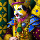 Colorful Jester Costume Portrait with Intricate Makeup and Golden Crown