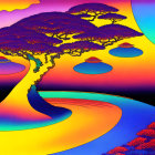 Colorful surreal landscape with stylized trees, winding river, and multiple suns/moons