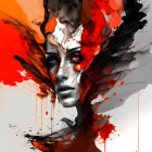 Abstract digital artwork of woman's face with red and orange splashes