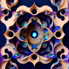 Symmetrical blue and orange fractal design on dark background with abstract shapes