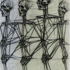 Abstract sketch of three skeletal figures with elongated limbs and skulls standing together.