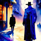 Silhouetted figures in hats and coats in vibrant cityscape with reflections