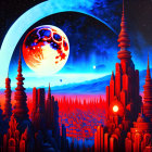 Futuristic sci-fi cityscape with towering spires under a large moon