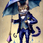 Anthropomorphic cat in blue suit with umbrella and cane in the rain