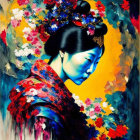 Colorful artwork featuring a woman in traditional attire with floral headpiece