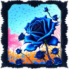 Digital art: Large blue rose, forest backdrop, pink hues, gothic black border, birds flying