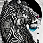 Detailed Monochrome Lion Illustration with Intricate Patterns and Surreal Landscape