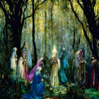 Mystical forest painting with robed figures and glowing light