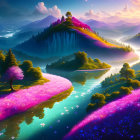 Colorful digital artwork of magical landscape with waterfalls, river, and radiant sky