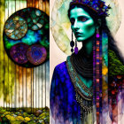 Colorful mystical woman with green skin and floral crown in cosmic setting.