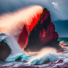 Vividly colored seascape with red rock formation and crashing waves