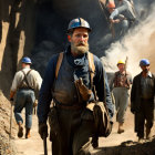 Bearded miner in overalls with helmet, lamp, and tools, colleagues working in background