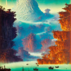 Misty waters and towering rock formations in a fantastical landscape