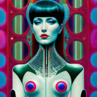 Futuristic digital art: vibrant woman with sleek hair & metallic attire