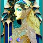 Abstract Woman Artwork with Geometric Patterns and Sunburst Headdress