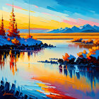 Vivid Sunset Seaside Landscape Painting with Colorful Textures