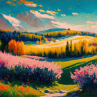 Vibrant landscape painting: lush valley, pink flowers, river, snow-capped mountains, bright