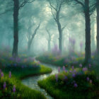 Tranquil forest path with purple wildflowers and sunbeams