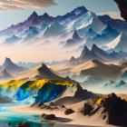 Vibrant digital art: Layered mountains, warm colors, tranquil lake.