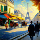 Historic Paris street scene with Eiffel Tower and horse-drawn carriages