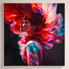 Vibrant surreal illustration: woman with blooming flower on head against dark backdrop