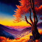 Colorful painting of fiery orange tree against blue and purple mountains under sunset sky