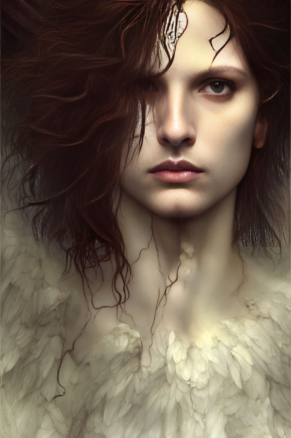 Intense Woman with Dark Hair and Feathers Portrait