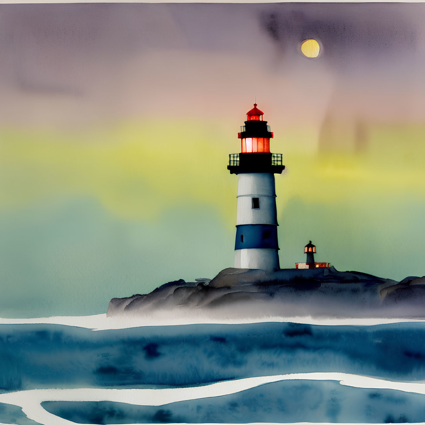 Lighthouse painting: Moonrise over colorful sky and calm waters