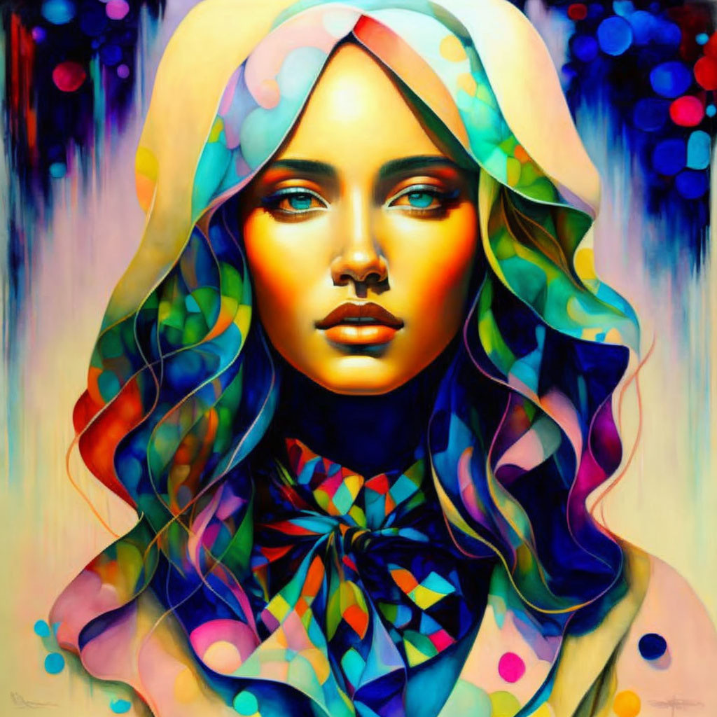 Colorful portrait of woman with multicolored headscarf and abstract patterns