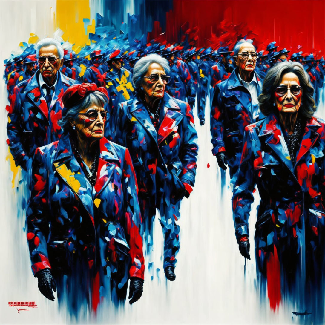 Vibrant painting featuring four elderly figures in red and blue coats