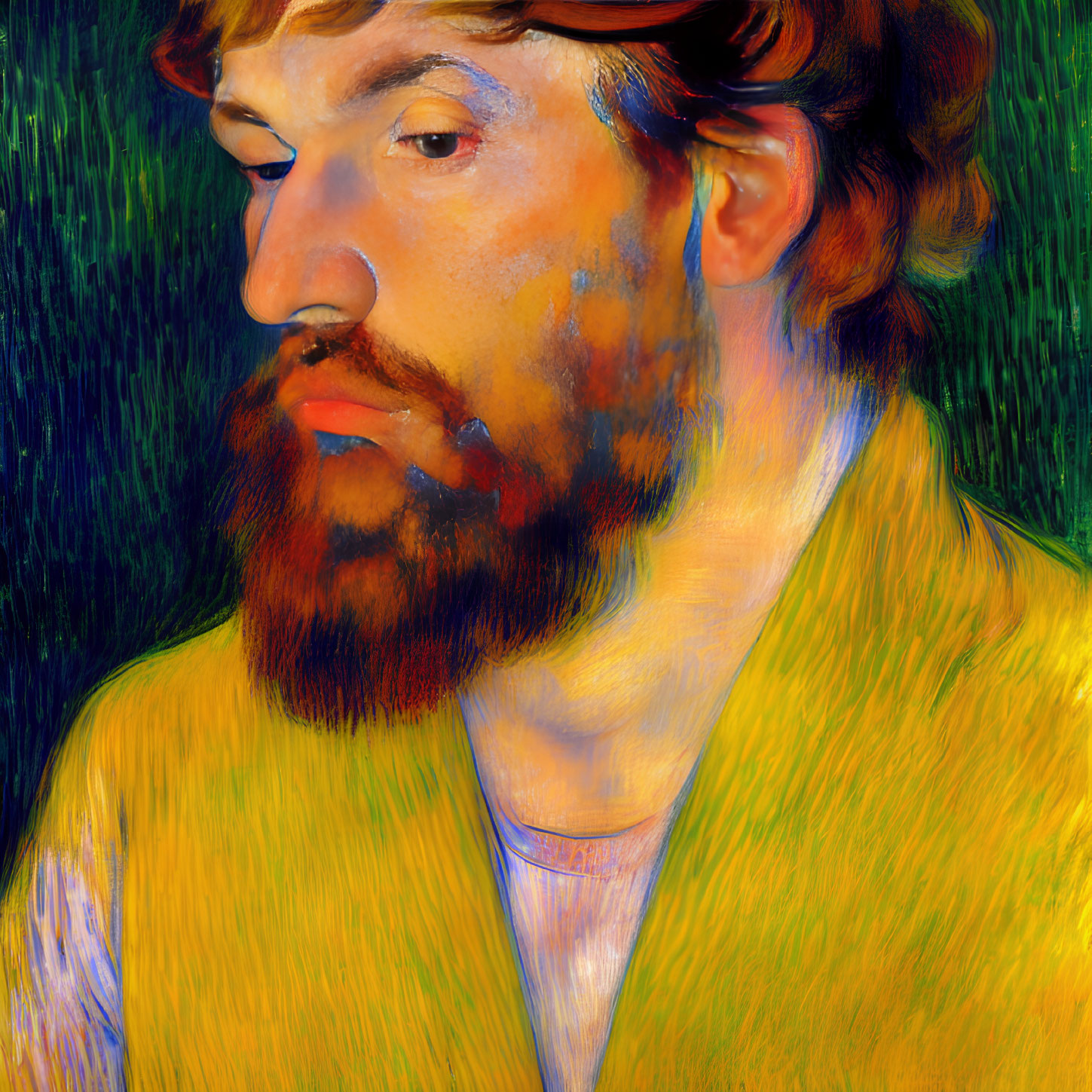 Colorful portrait of contemplative bearded man with bold brushstrokes