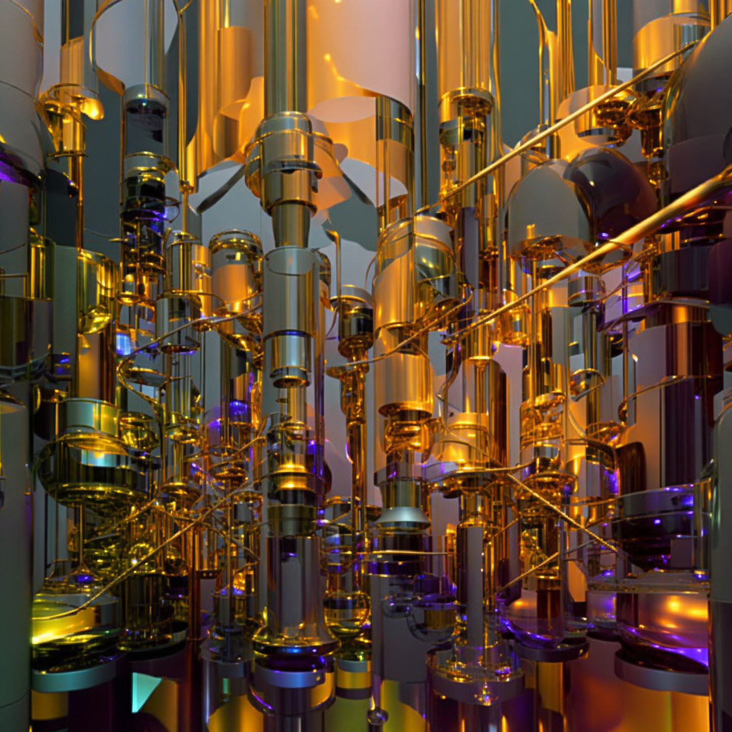 Reflective gold and chrome futuristic machinery with glowing tubes and cylindrical structures