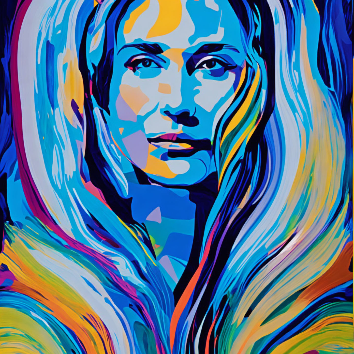 Vibrant abstract portrait of a woman with flowing colorful hair