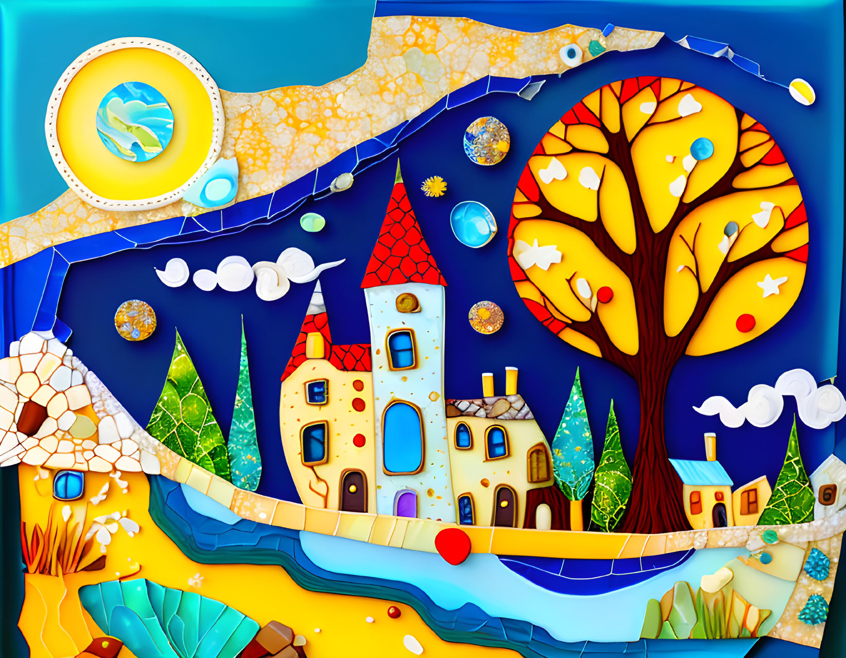 Vibrant Landscape Artwork with Tree, Houses, and River in Mosaic Style