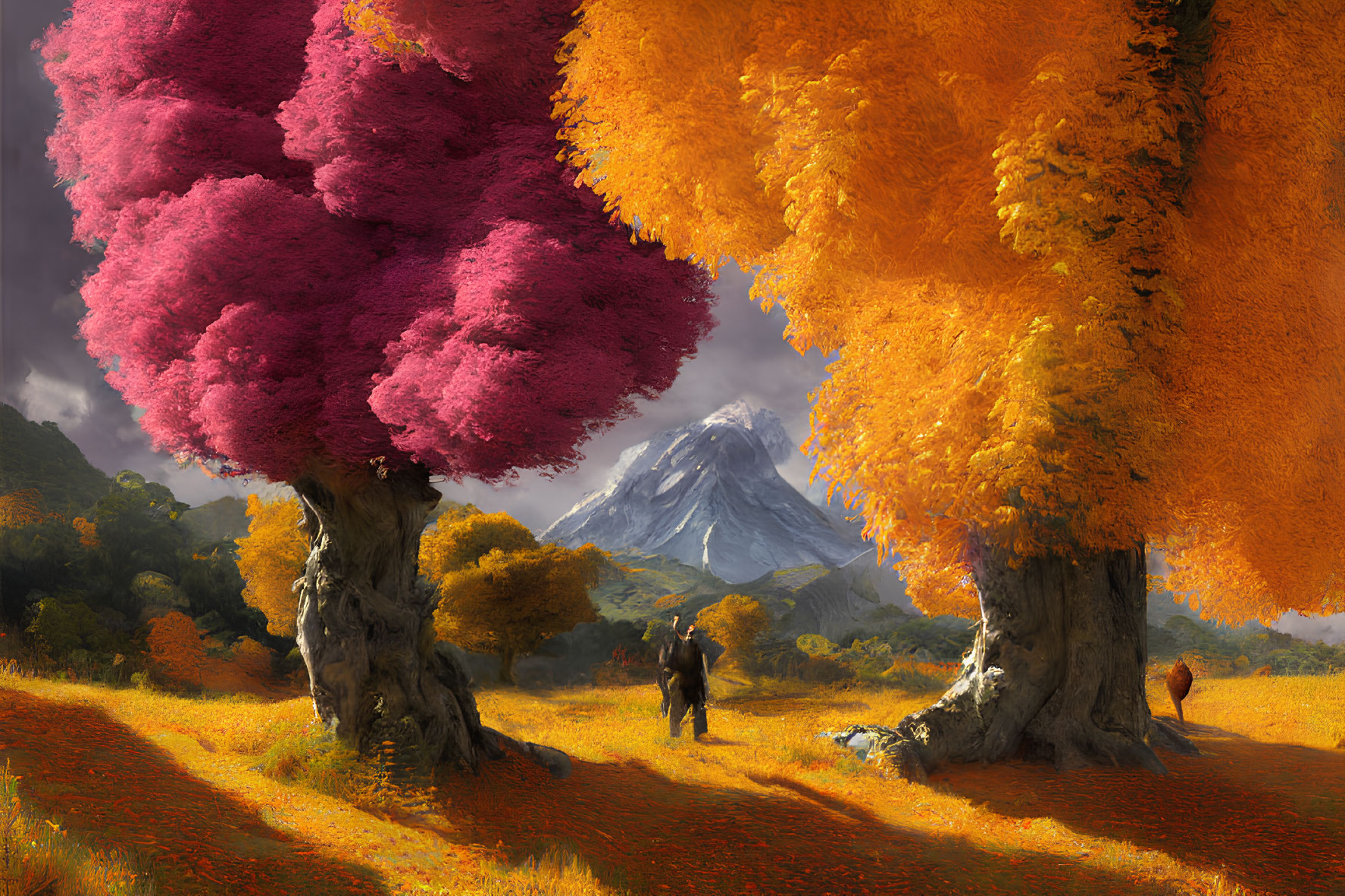 Colorful landscape with pink and orange trees, figure walking, snow-capped mountain