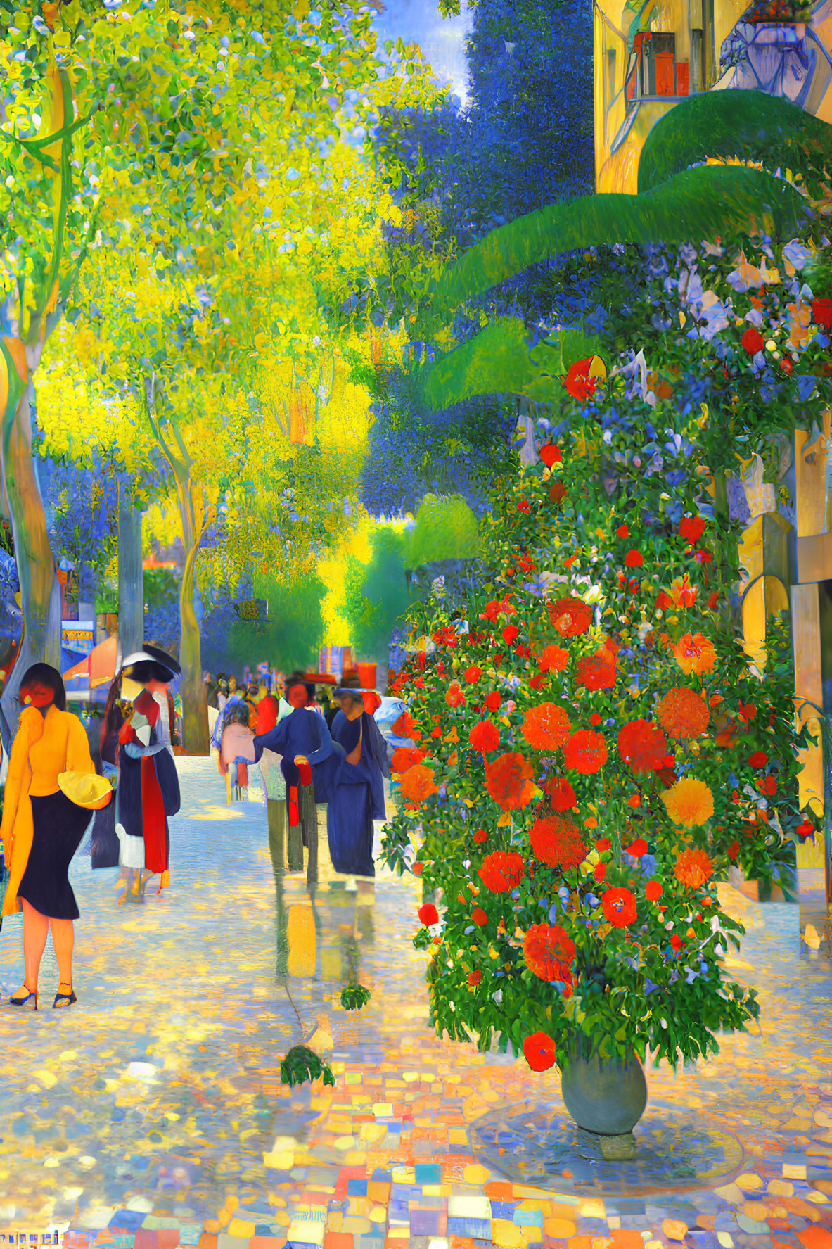 Colorful Street Scene with People and Flowers