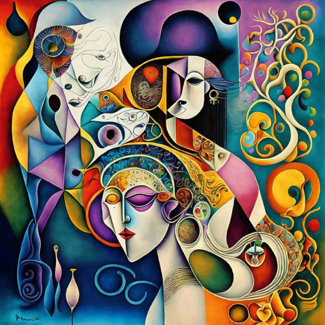 Abstract Painting: Colorful Faces, Geometric Shapes, Swirling Patterns