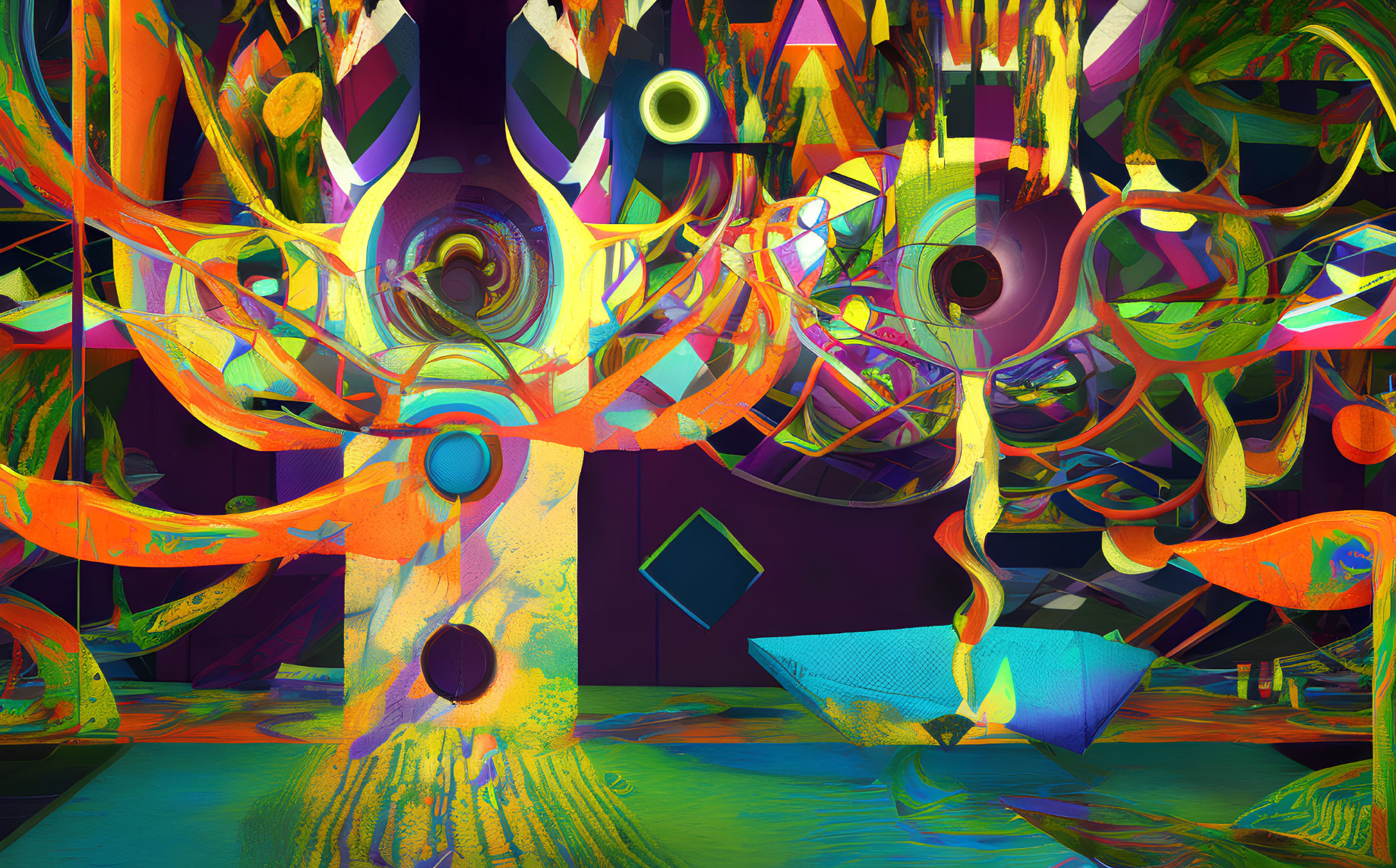 Colorful Abstract Digital Artwork with Tree-like Structures and Geometric Shapes