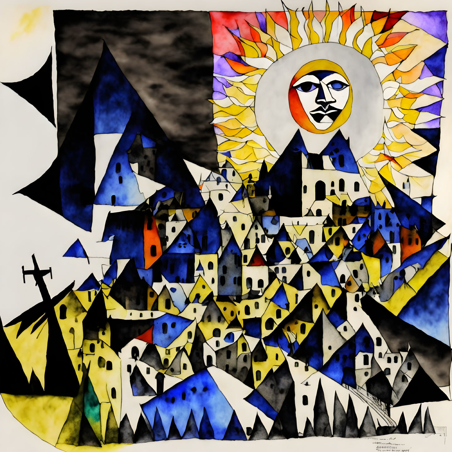 Stylized sun over clustered town with crosses and geometric shapes in black, white, and yellow tones