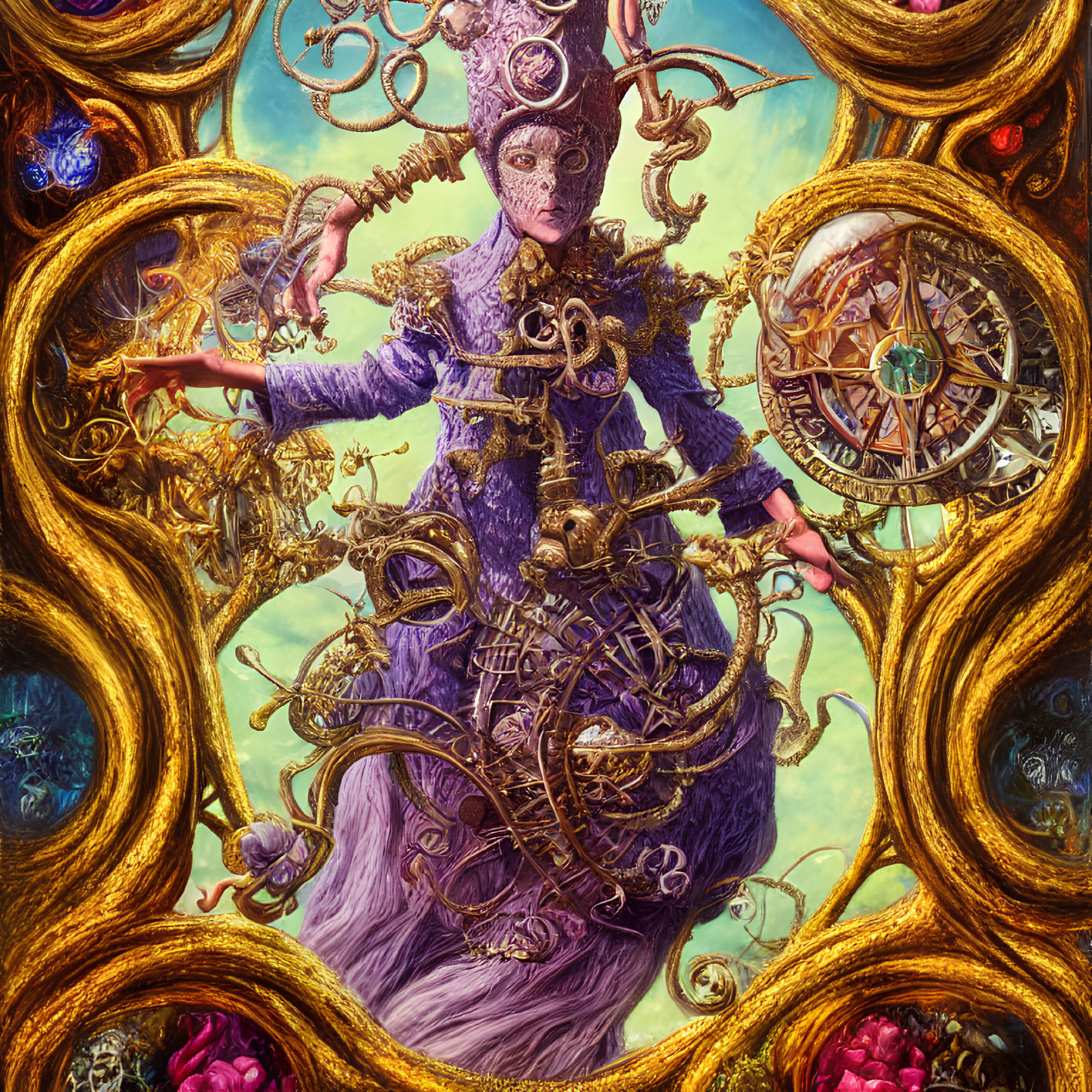 Purple-clad figure manipulating time with golden gears in baroque frame