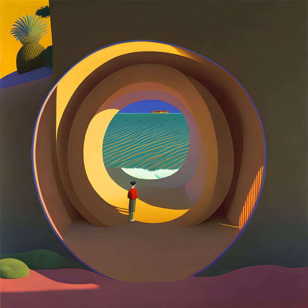 Red-clad figure in circular tunnel gazes at surreal landscape at sunset