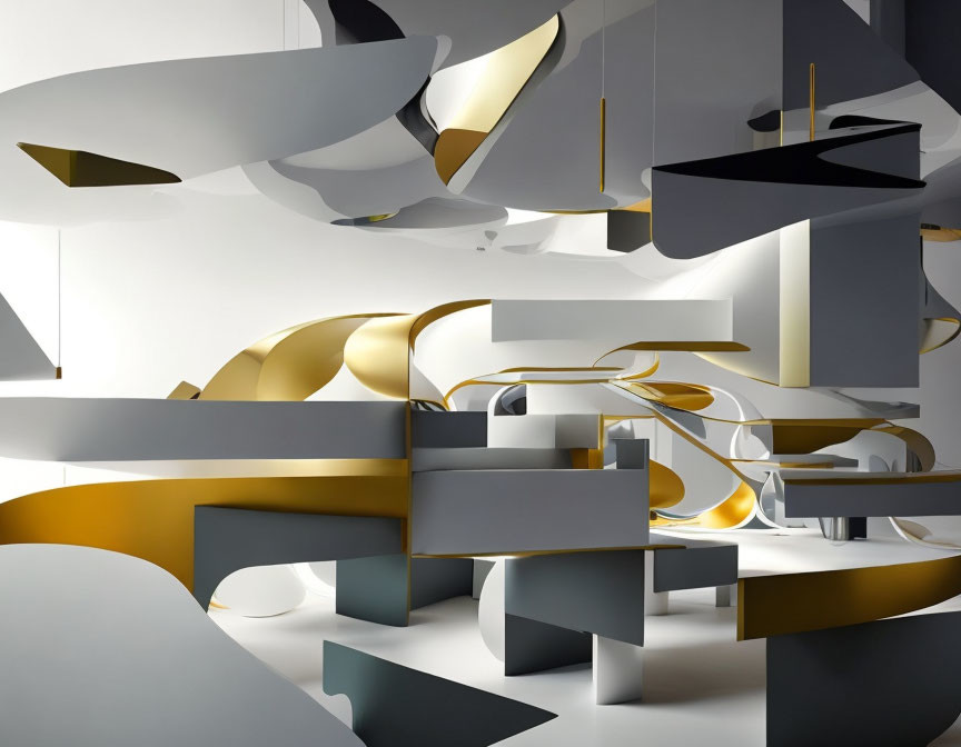 Futuristic white and gray interior design with metallic gold accents