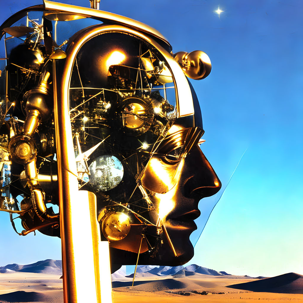 Surreal golden mechanical head in desert landscape