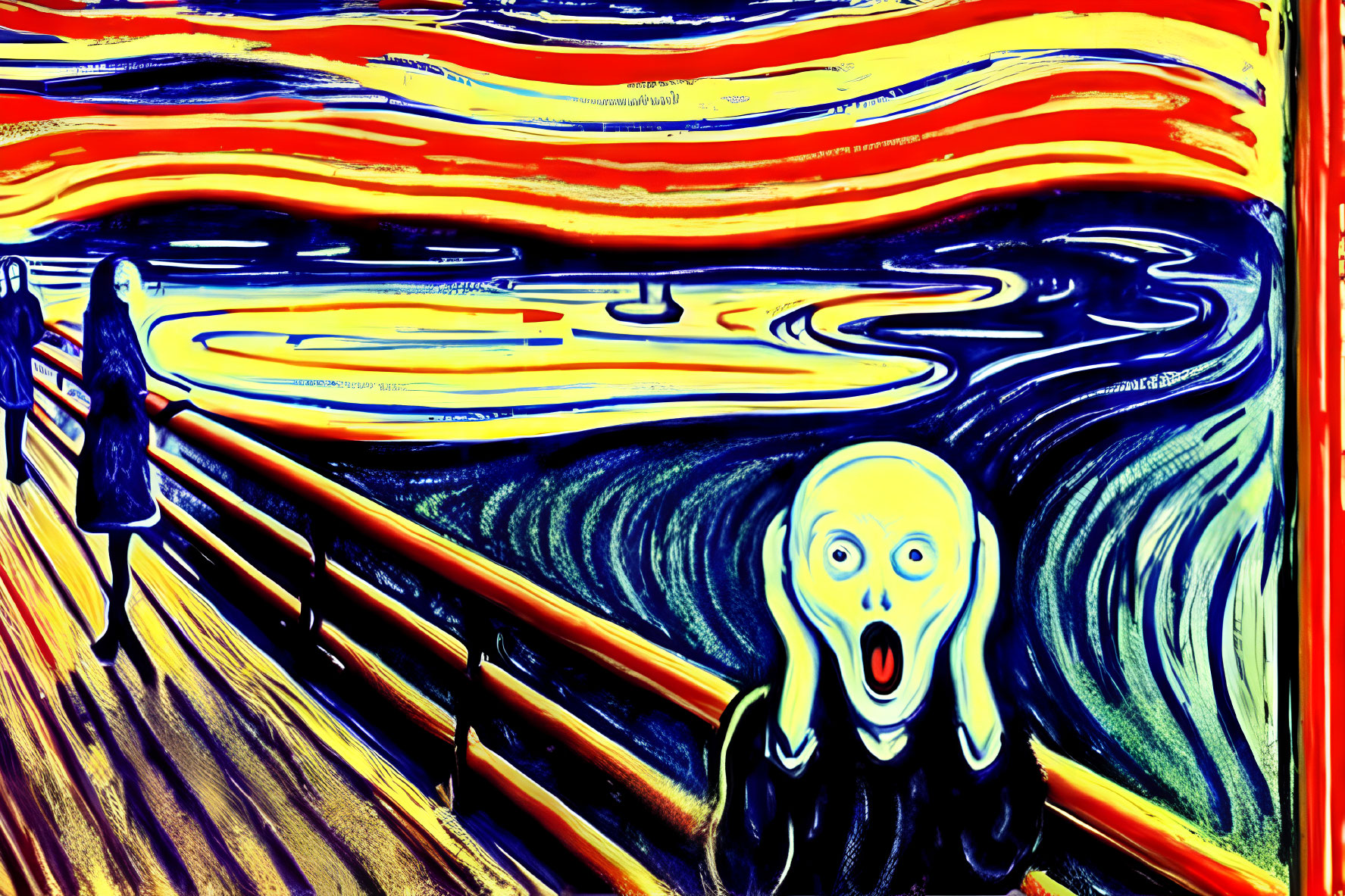 Colorful interpretation of a shocked figure with swirling red, blue, and yellow lines